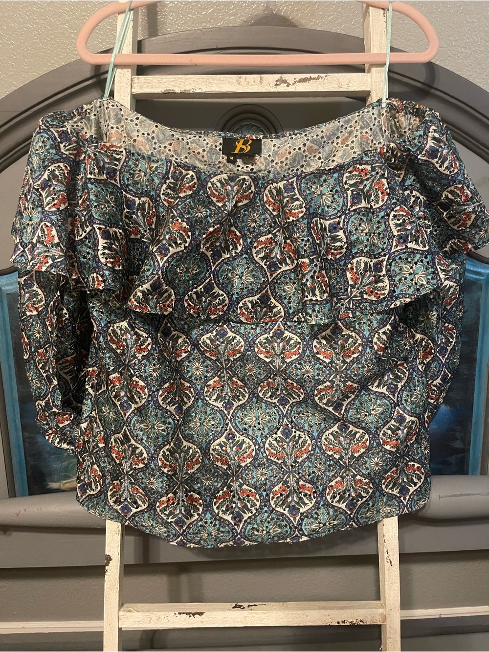 Anthropologie Off-Shoulder Ruffle Blouse - Teal Multi